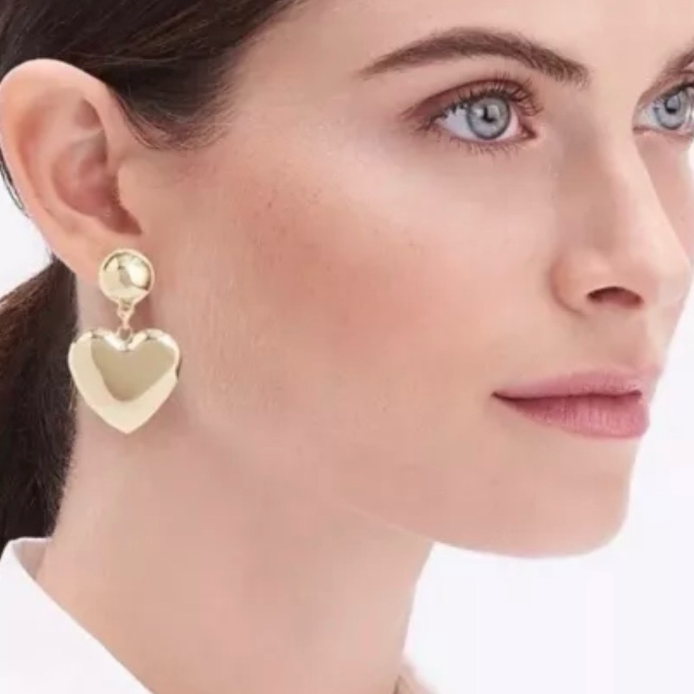 J. Crew Gold Tone Puff 3D Heart Statement Dangle Earrings NEW